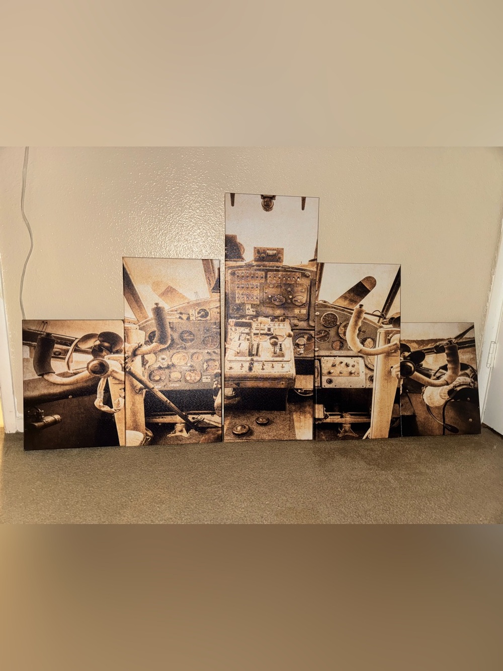 5-piece multi-panel canvas wall art displays a vintage sepia-toned airplane